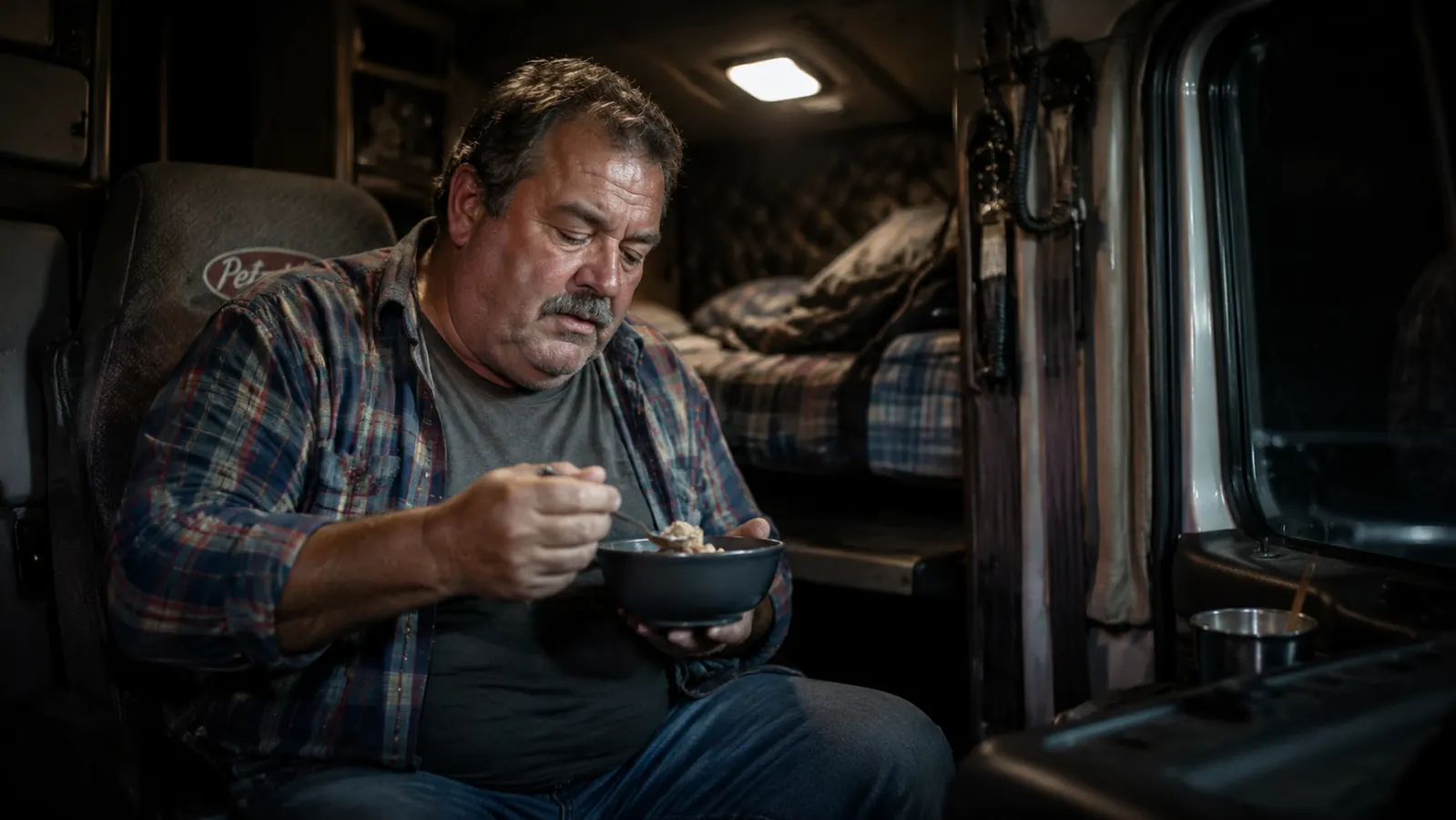 Trucker eating a bowl of stew in his sleeper cab, relaxed, no rush