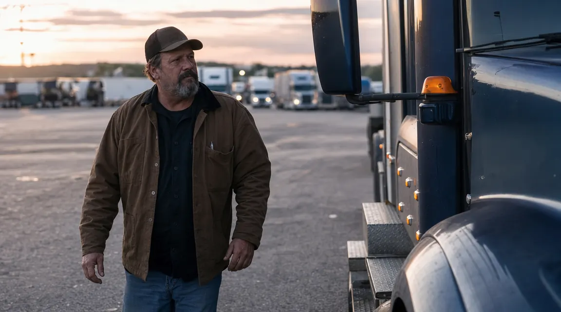 Trucker walking to his rig at dusk after a full day of rest, looking alert and rested