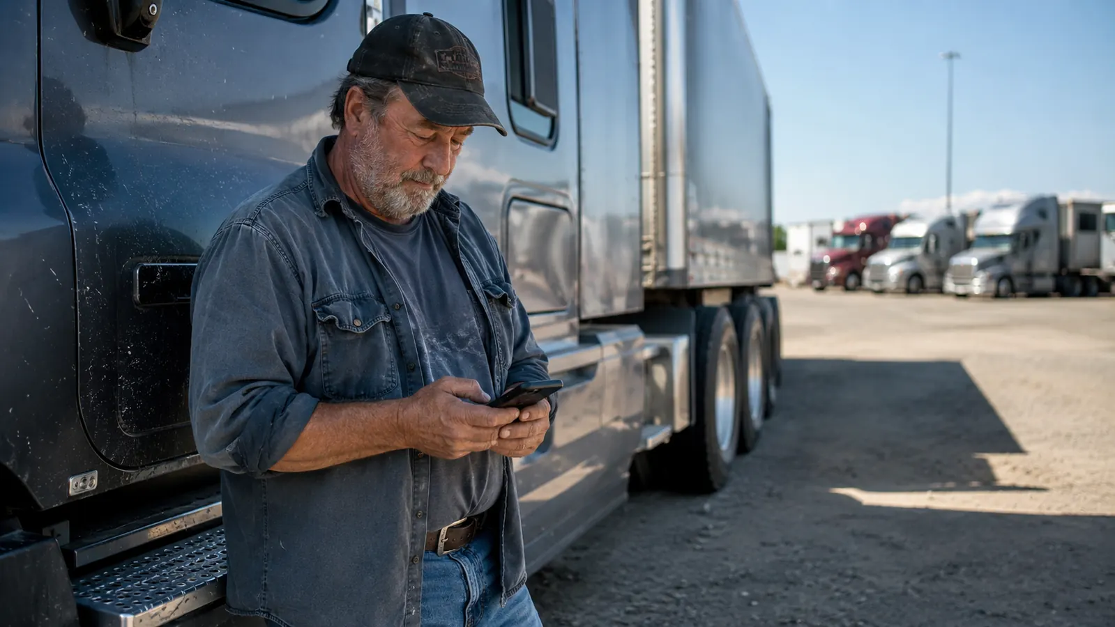 Owner-operator standing beside his semi truck in a truck stop lot, checking his phone for dash cam app footage