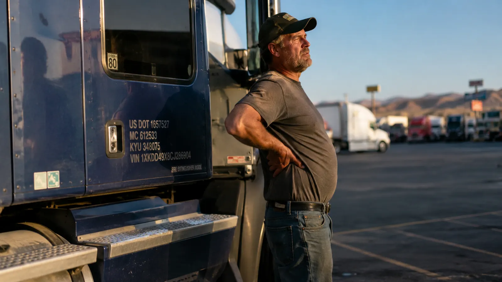 Trucker stretching his lower back beside his parked semi at a rest stop