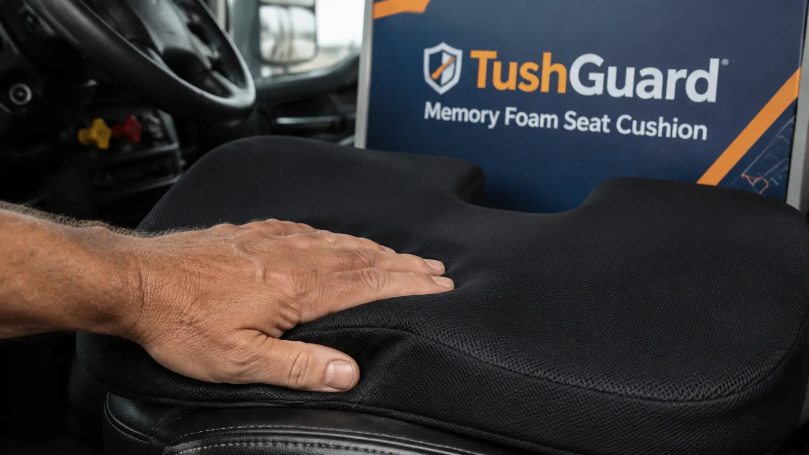 Close-up of memory foam seat cushion coccyx cutout design on a driver seat