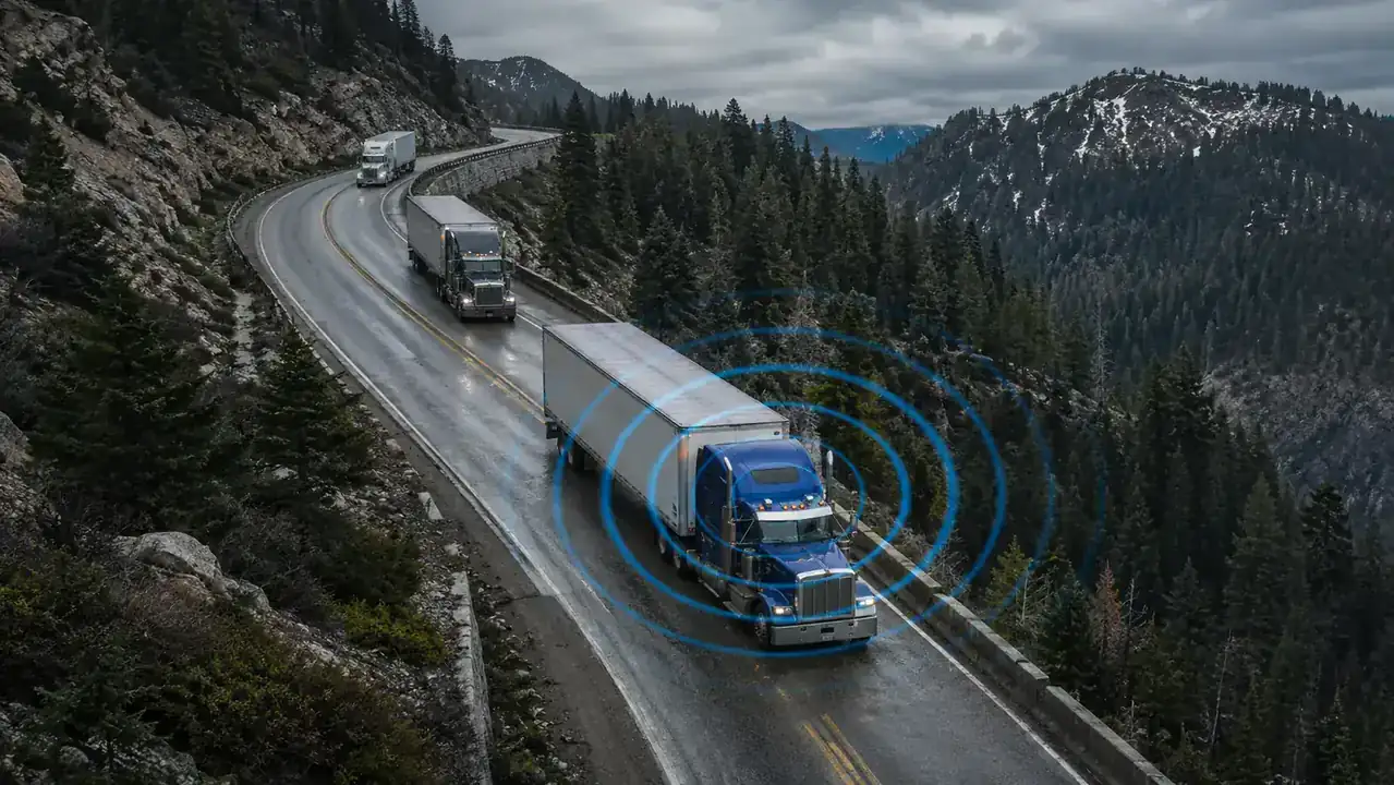 Aerial view of a semi truck convoy on a straight mountain highway with communication signal waves illustrated above the lead truck