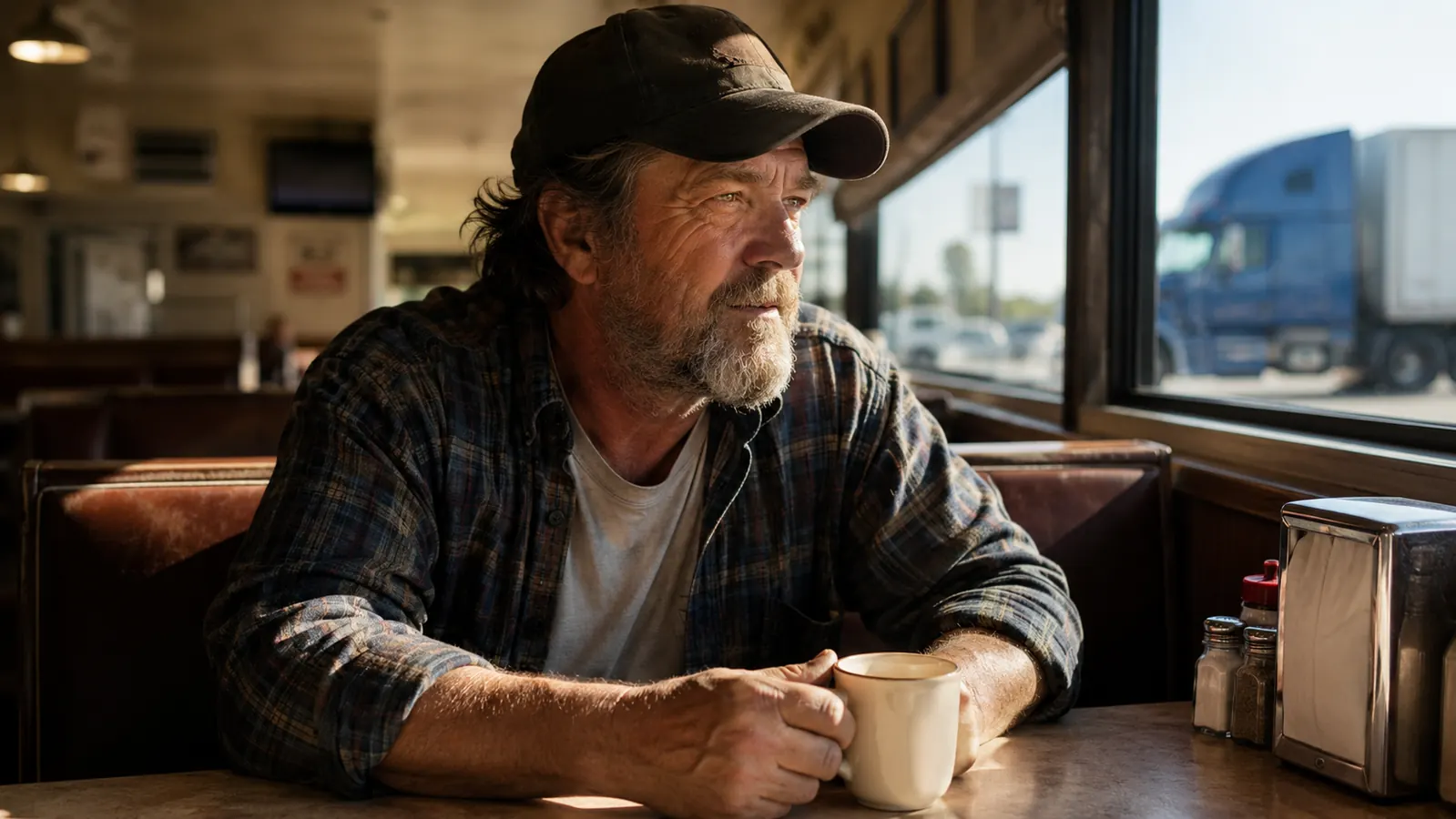Trucker sitting at a truck stop diner looking rested, coffee in hand, early morning light through window