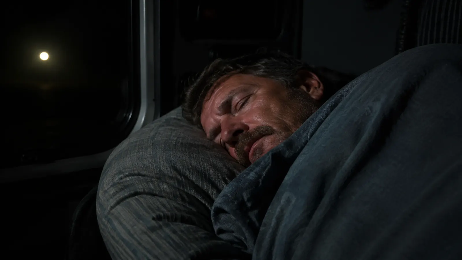 Trucker sleeping in a fully darkened sleeper cab during daytime