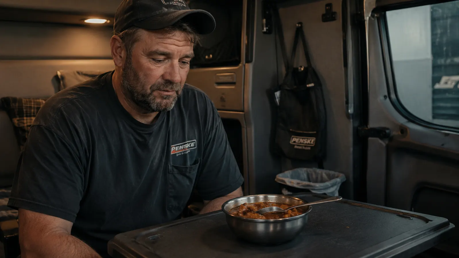 A finished bowl of beef stew served in a stainless camp bowl in a semi truck cab with a spoon and a folded towel napkin
