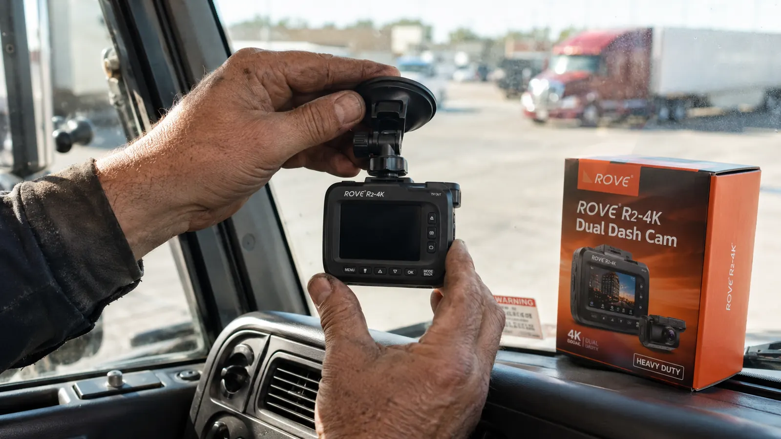 ROVE R2-4K dash cam held in a gloved hand near a semi truck windshield before mounting