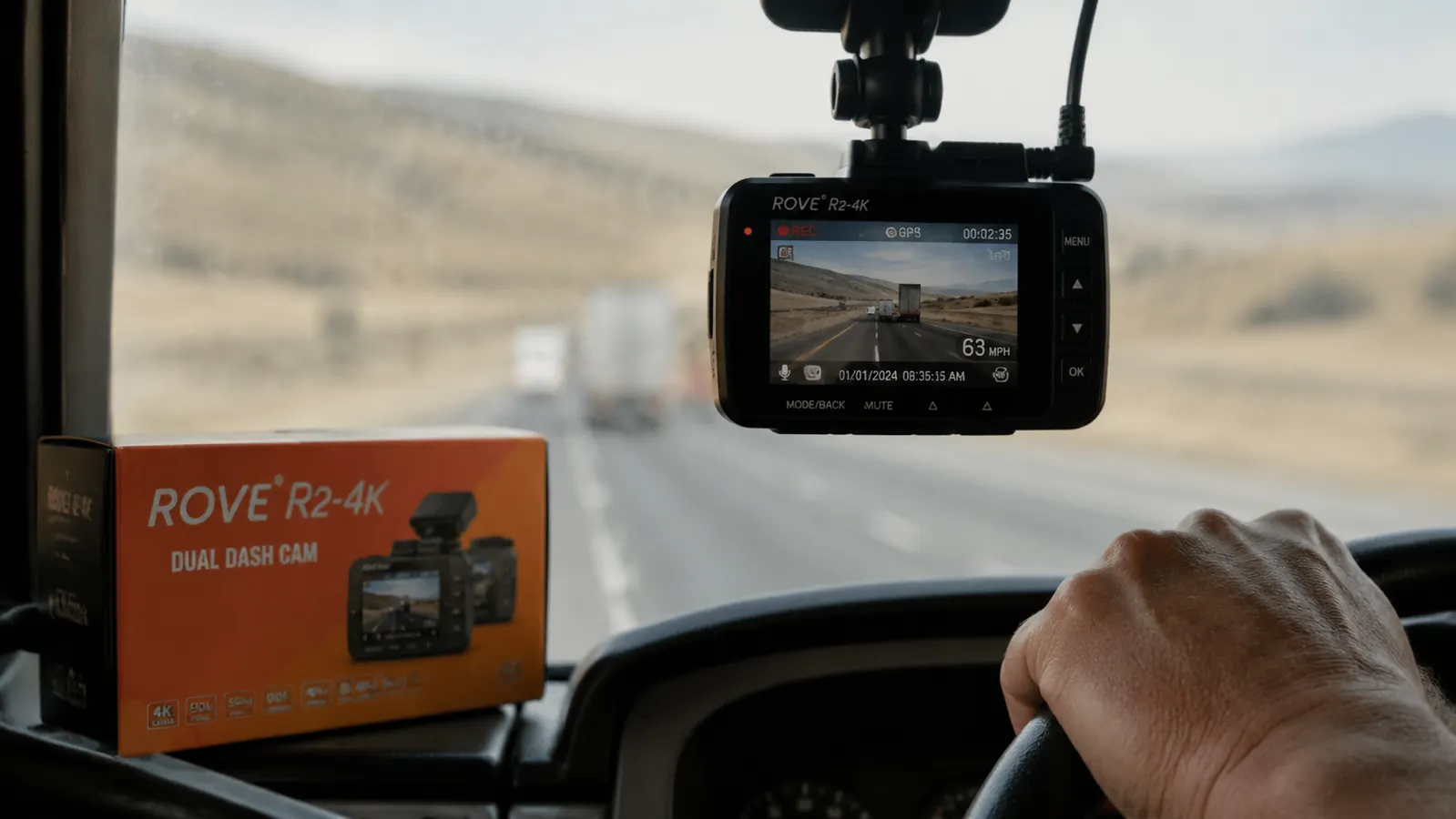 ROVE R2-4K dash cam screen showing 4K loop recording active and GPS lock acquired