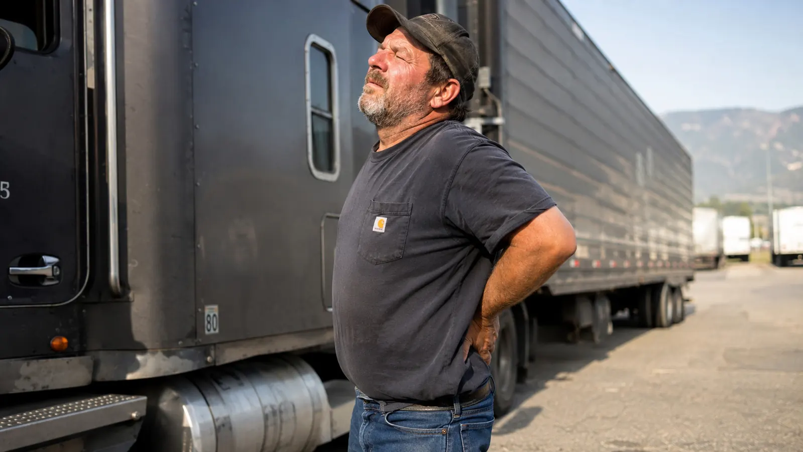 Truck driver stretching outside the cab at a rest stop, hands on lower back
