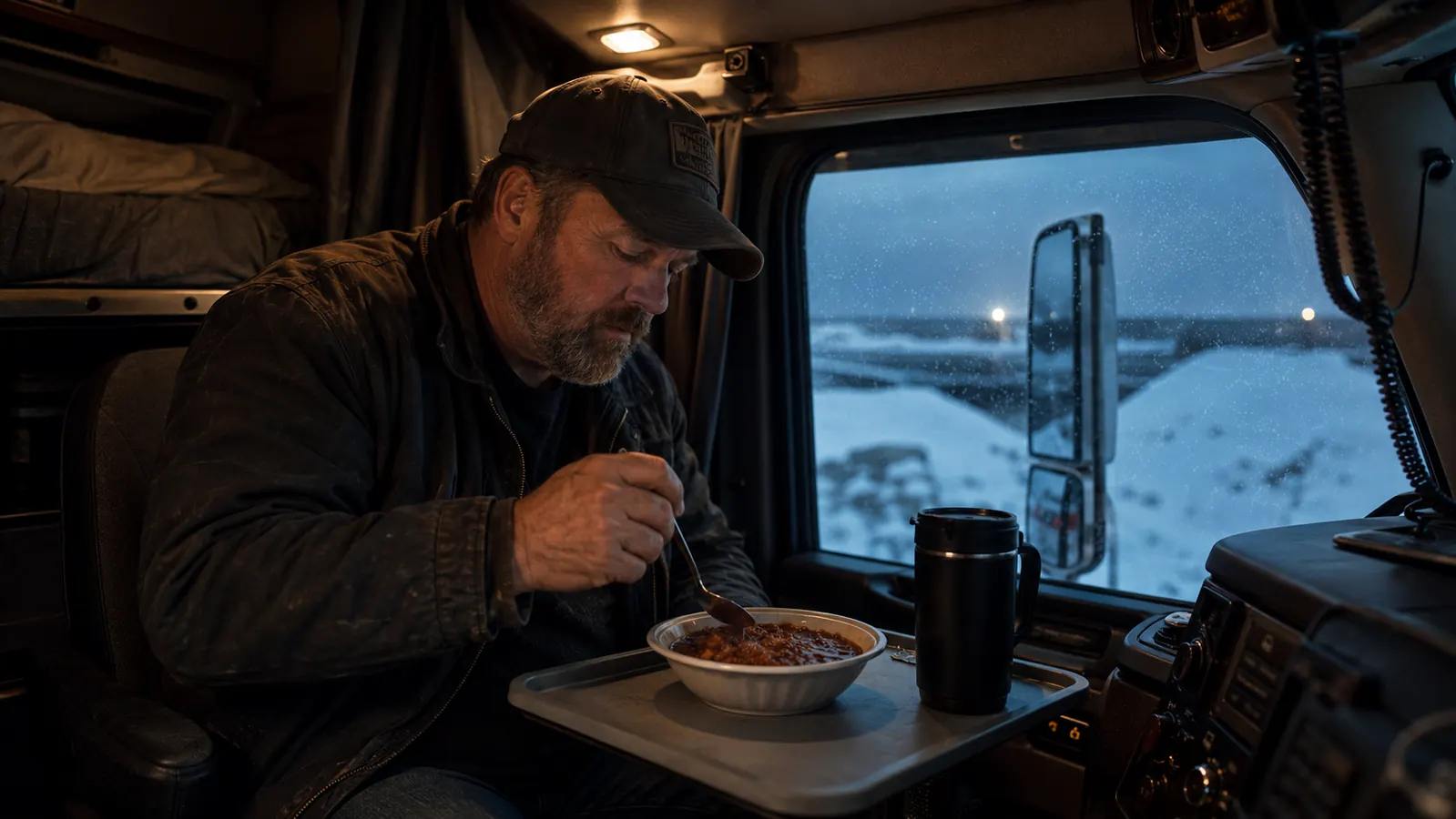 Bowl of beef chili with chunks of vegetables on a truck cab bunk tray, snow visible through the window
