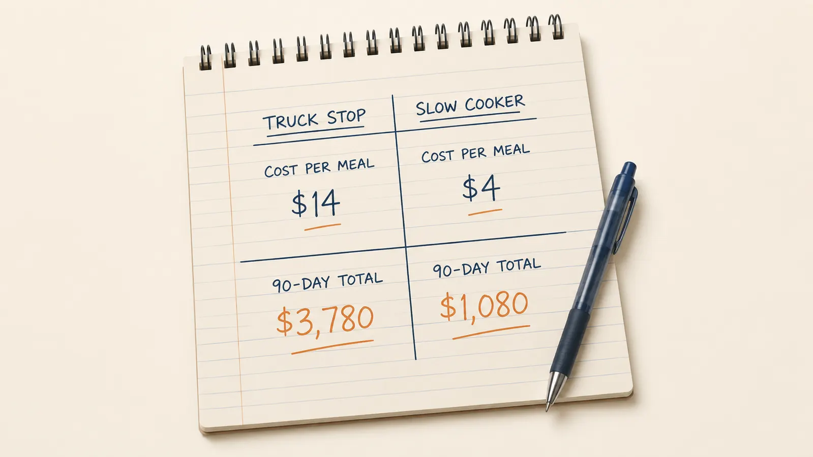 Handwritten notepad with a simple weekly meal cost comparison: truck stop meals vs home-cooked cab meals