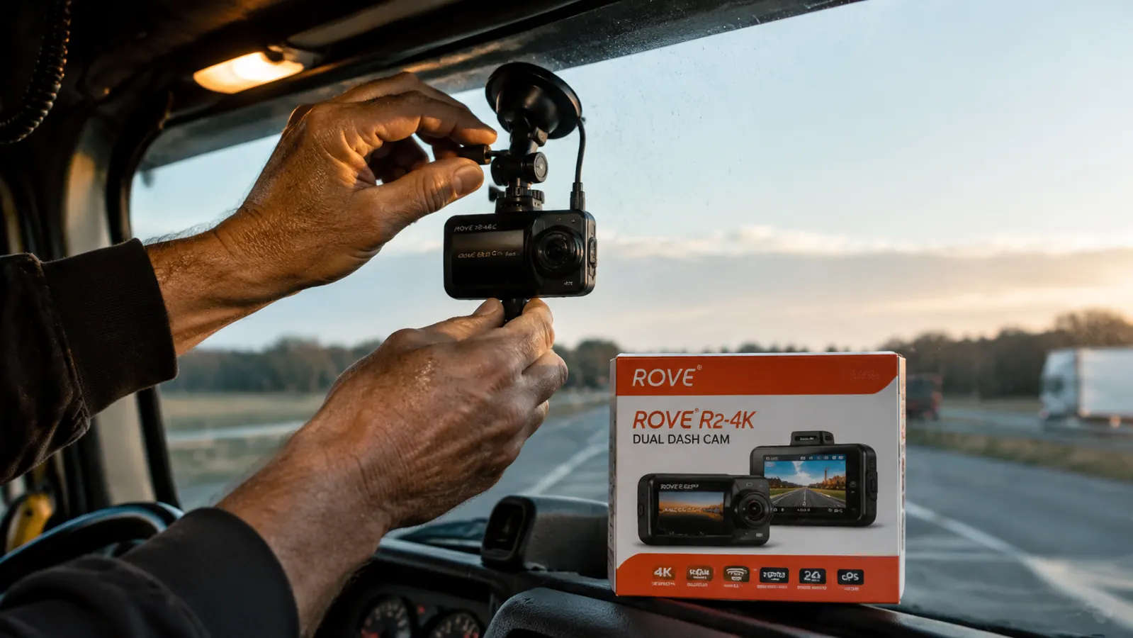 ROVE R2-4K dash cam mounted on semi truck windshield showing highway footage on small screen