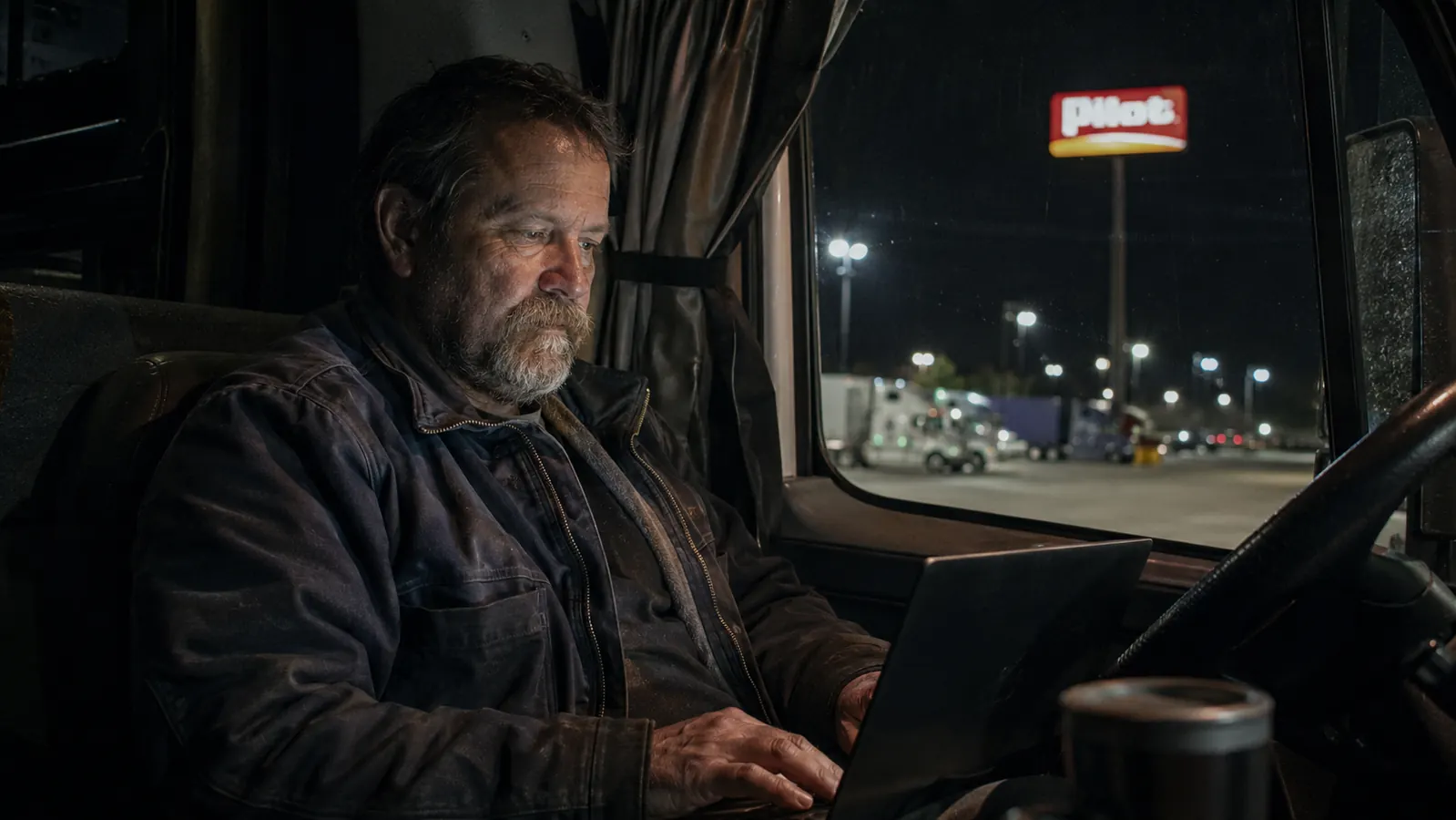 Trucker sitting in Pilot truck stop parking lot at night reviewing footage on a laptop, interior cab lights on