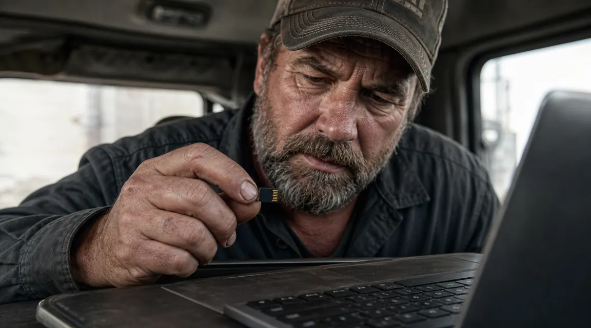 Close-up of a hand holding an SD card next to an open laptop, semi cab interior visible in background