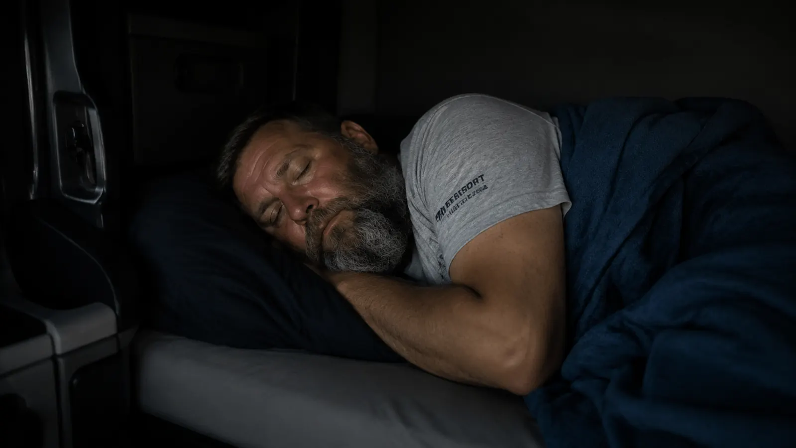 Driver sleeping in a semi truck sleeper bunk with curtains pulled closed and no visible light