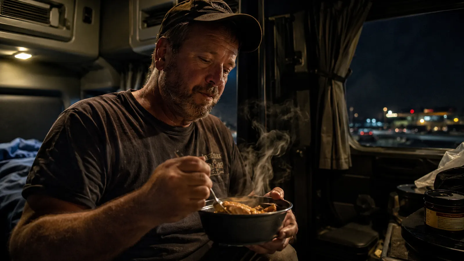 Trucker eating a bowl of stew in a sleeper cab bunk at a truck stop at night