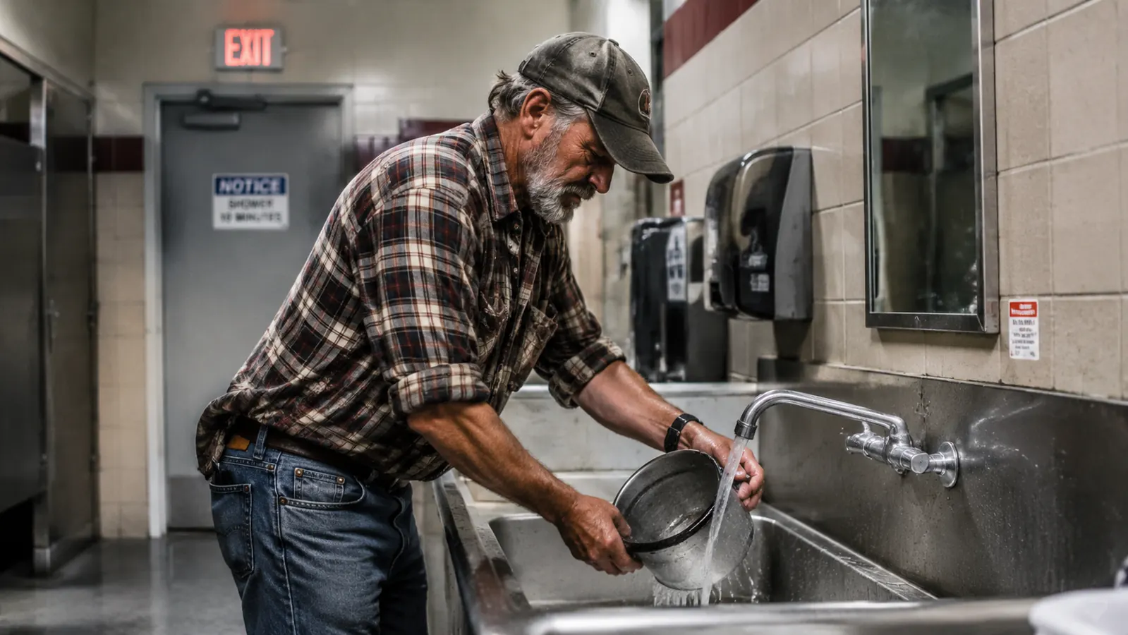 Trucker rinsing slow cooker insert in a truck stop sink