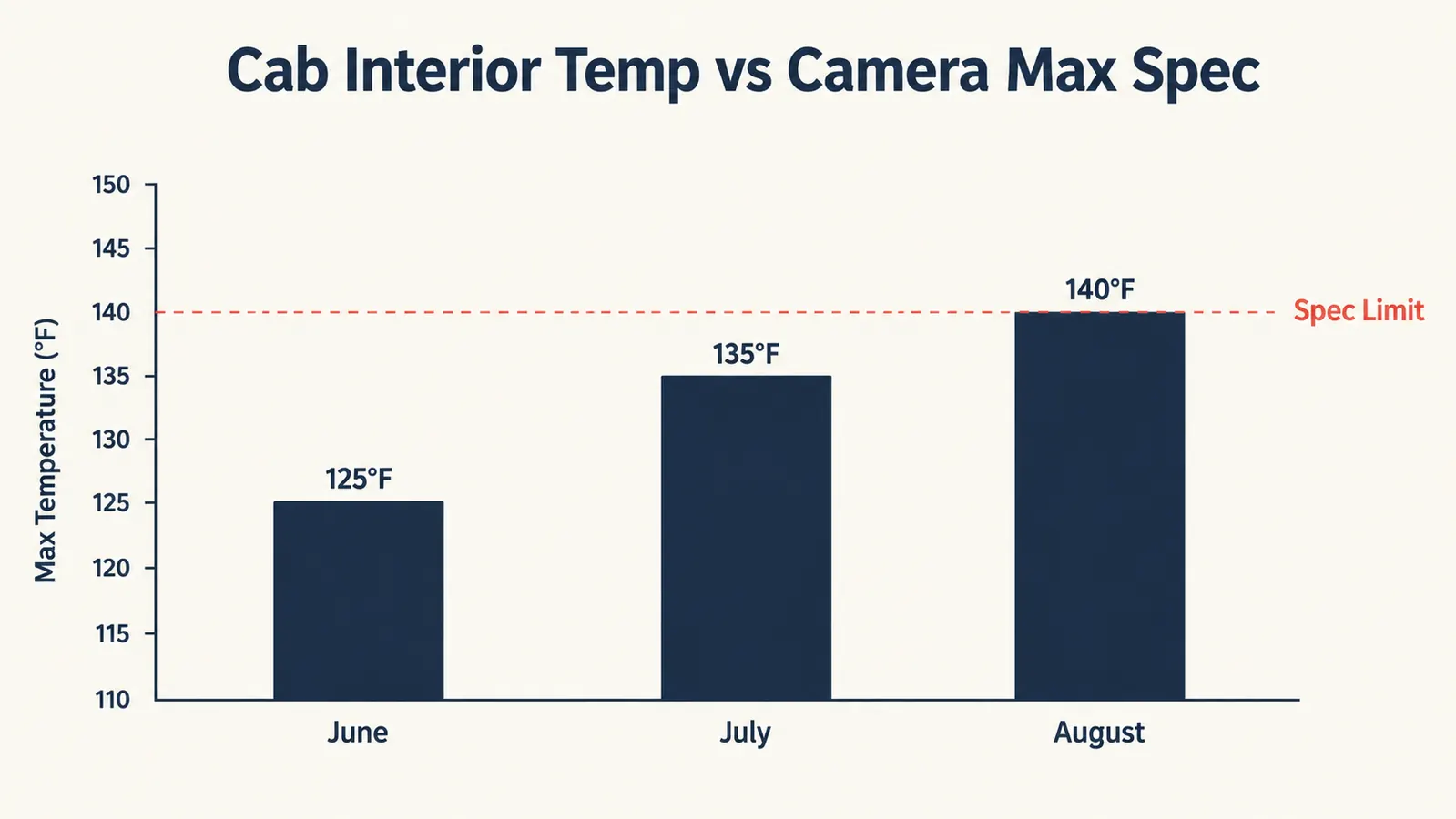 Temperature comparison chart showing cab interior temperatures by month versus camera operating range