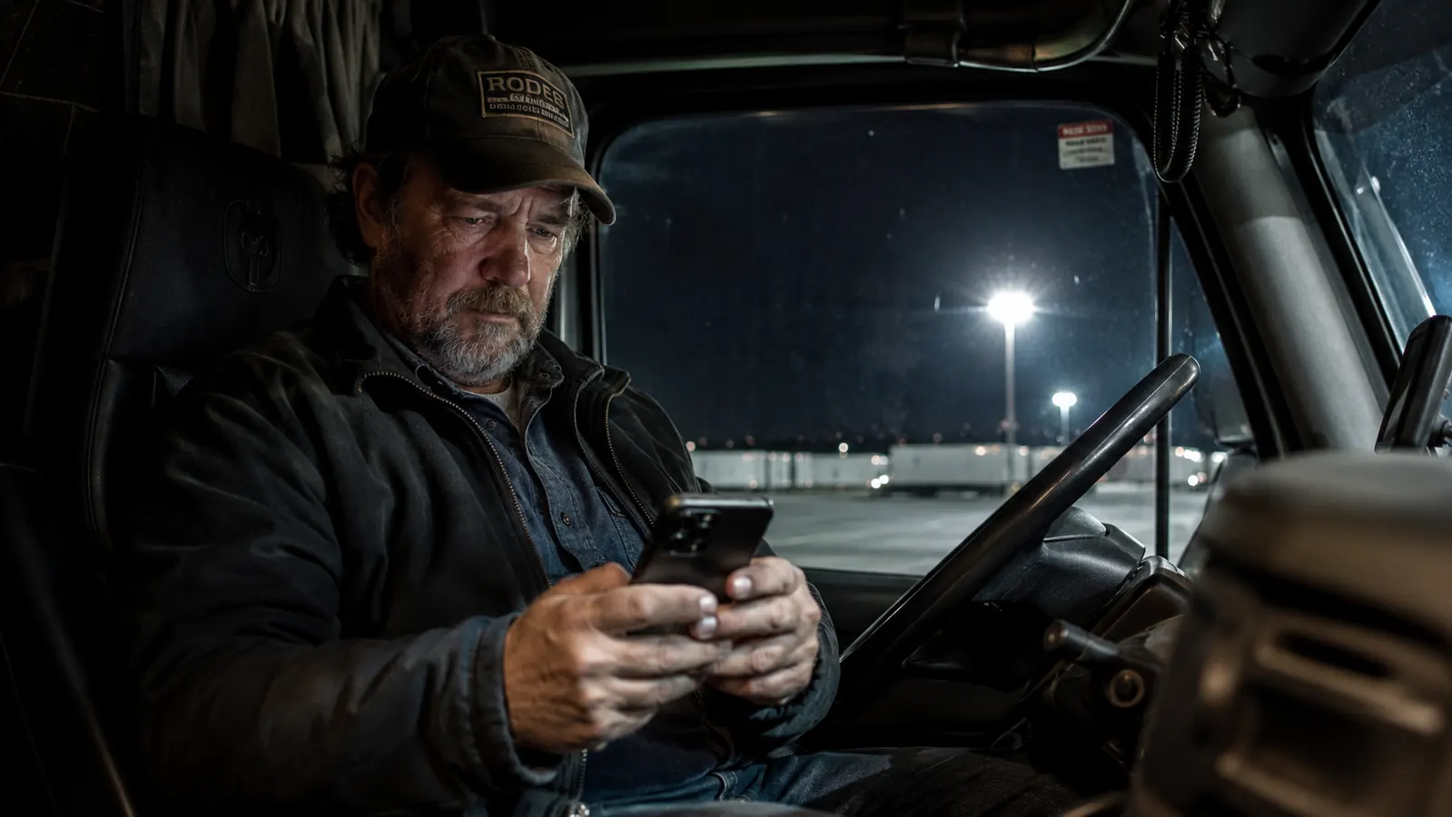 Trucker reviewing dash cam footage on a smartphone inside a parked semi cab at a truck stop