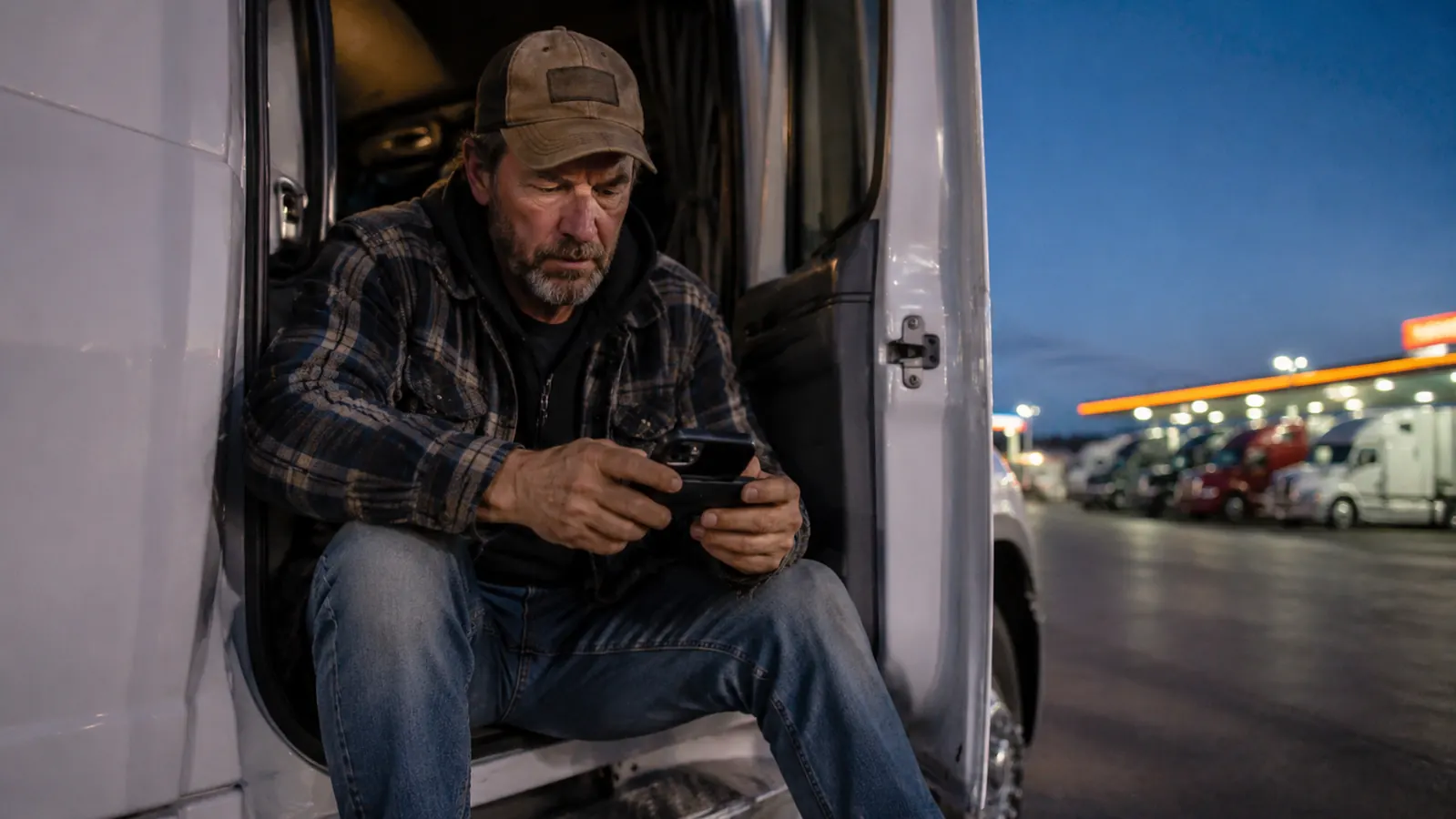 Trucker reviewing dash cam footage on a smartphone parked at a truck stop