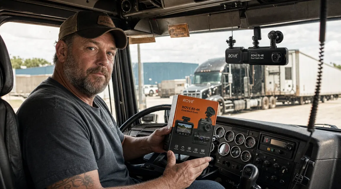 ROVE R2-4K dash cam mounted on the inside of a semi truck windshield, front camera angled toward the road
