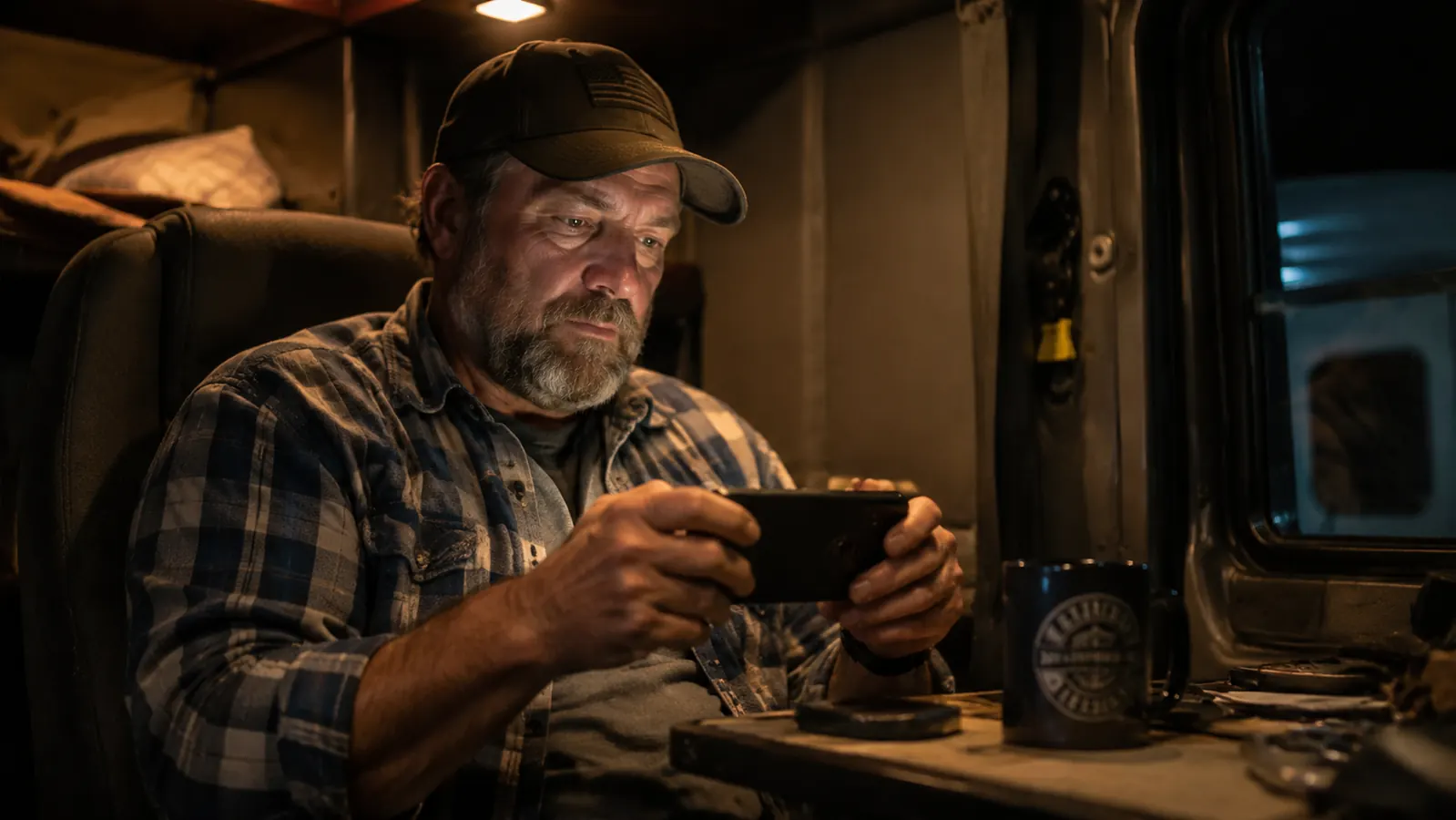 Trucker reviewing dash cam footage on a smartphone in a sleeper cab parked at a truck stop