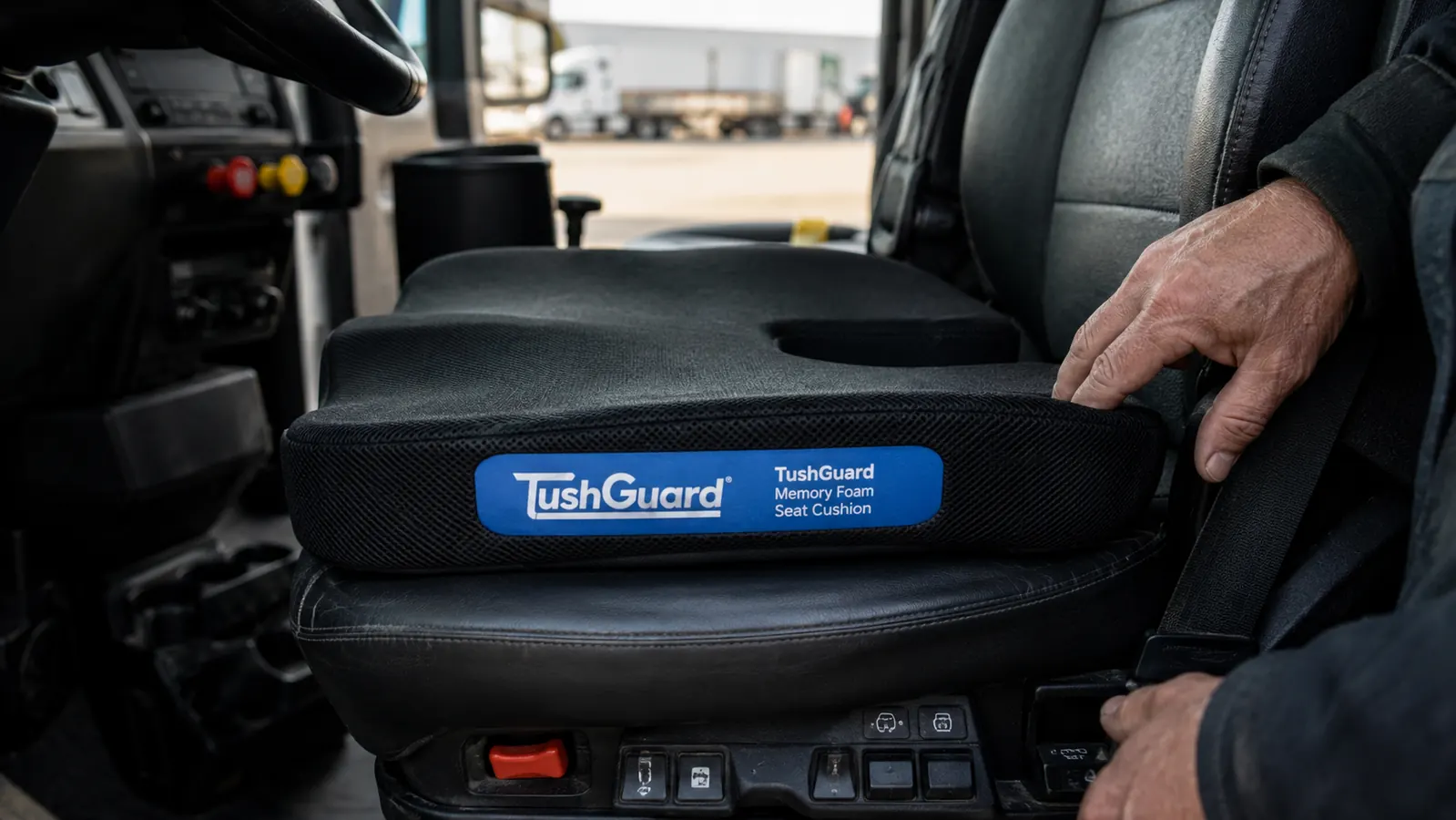 TushGuard memory foam seat cushion placed on a truck driver seat, shown from the side with the coccyx cutout visible