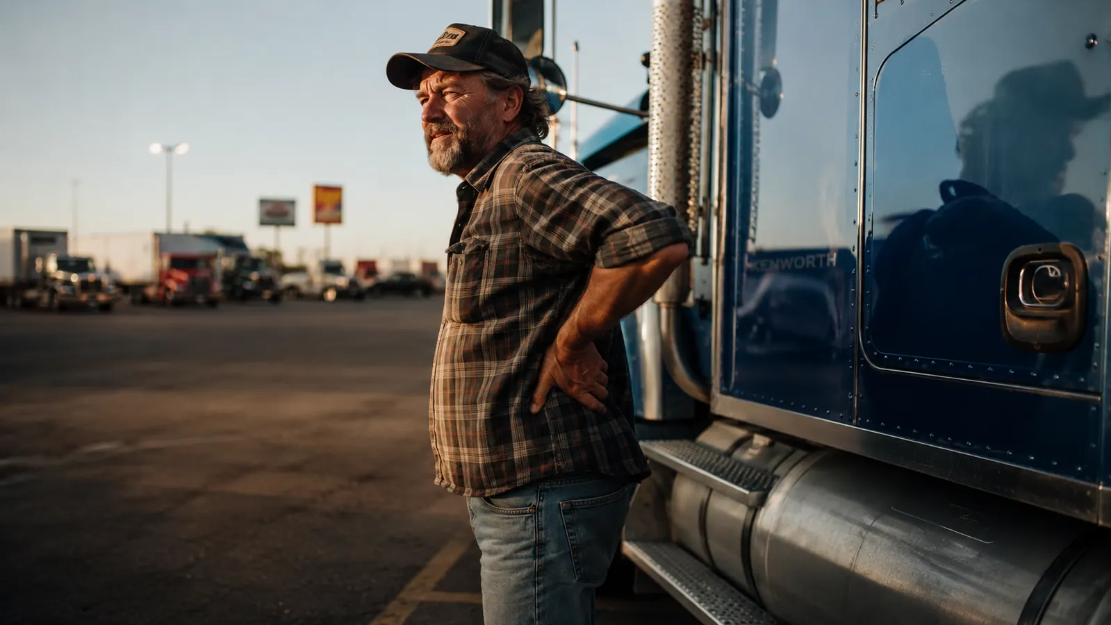 Trucker standing outside his rig at a truck stop, stretching his lower back after a long shift