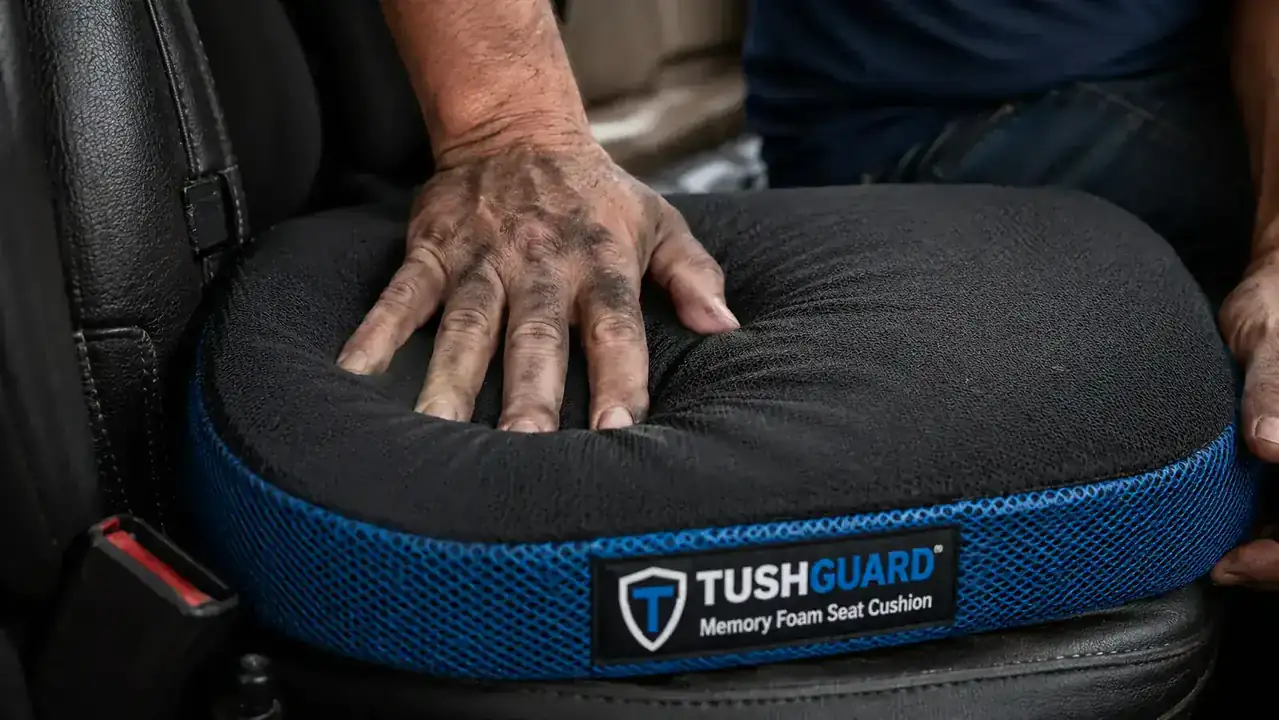 Hand pressing down on the TushGuard memory foam seat cushion to show firmness and foam density