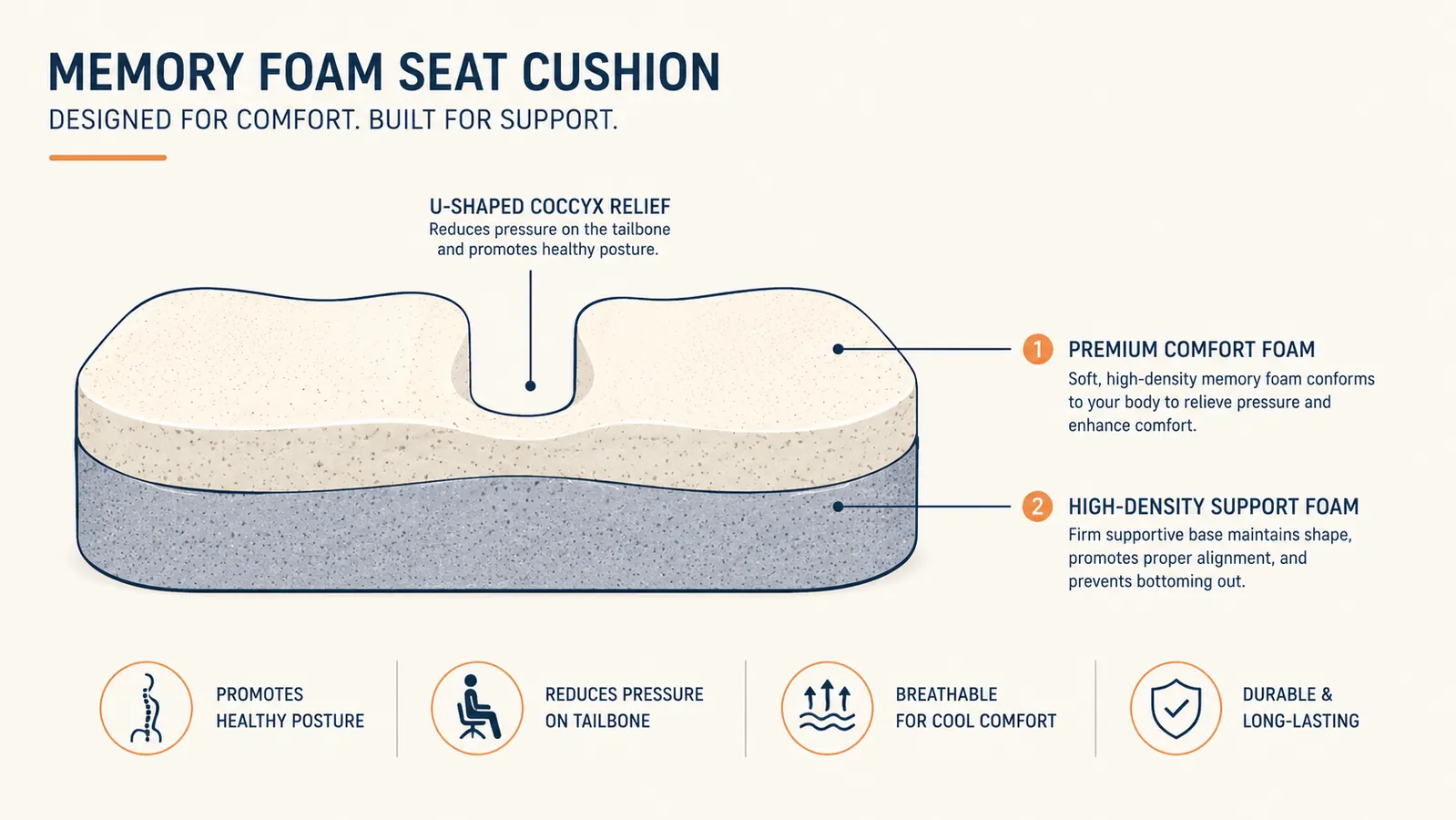 Diagram showing cross-section of memory foam cushion with coccyx cutout and foam density layers labeled