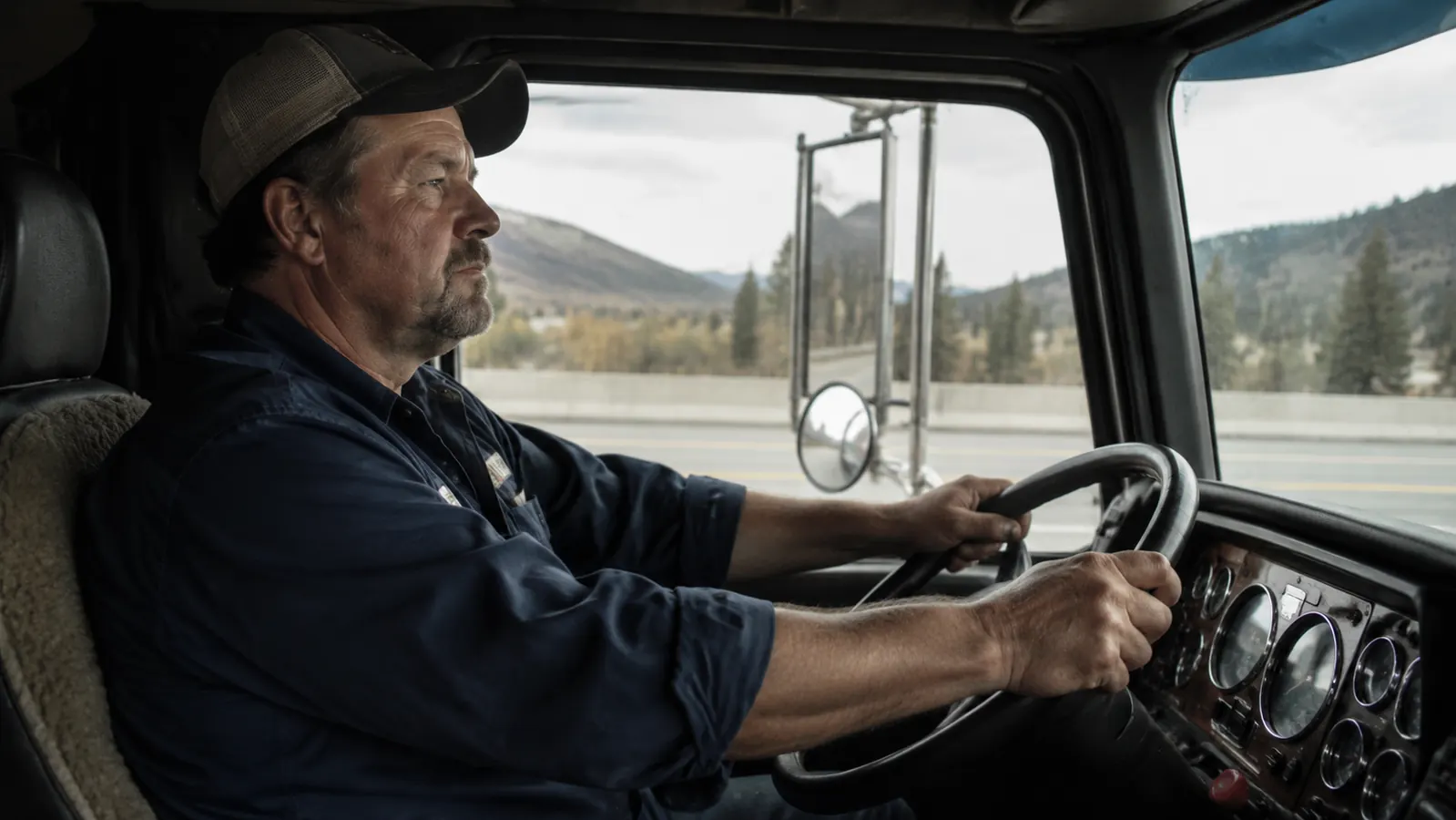 Driver sitting in semi truck cab, correct seated posture with cushion visible beneath, relaxed hands on steering wheel