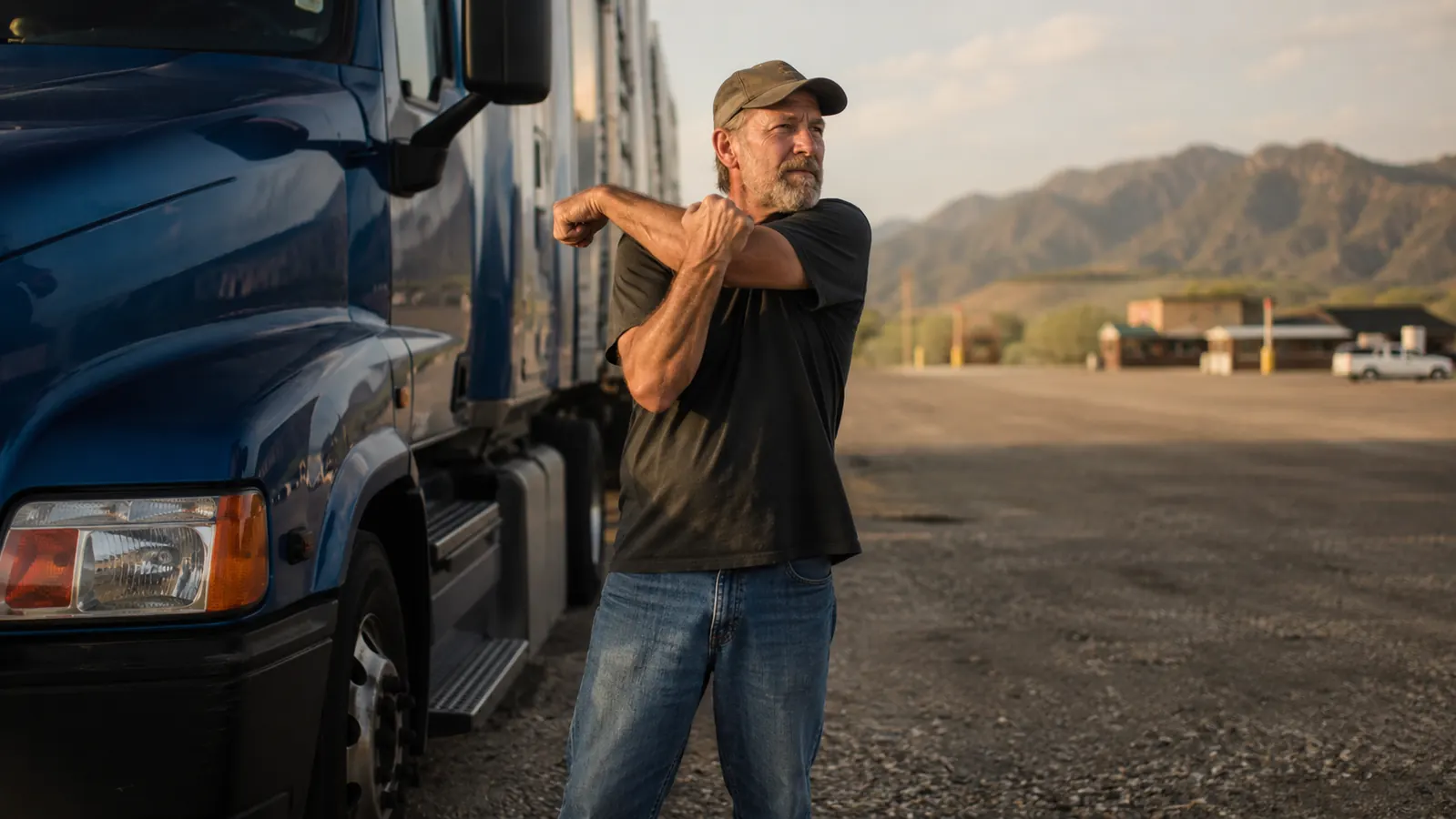 Trucker stretching beside his parked semi at a rest area, late afternoon sun
