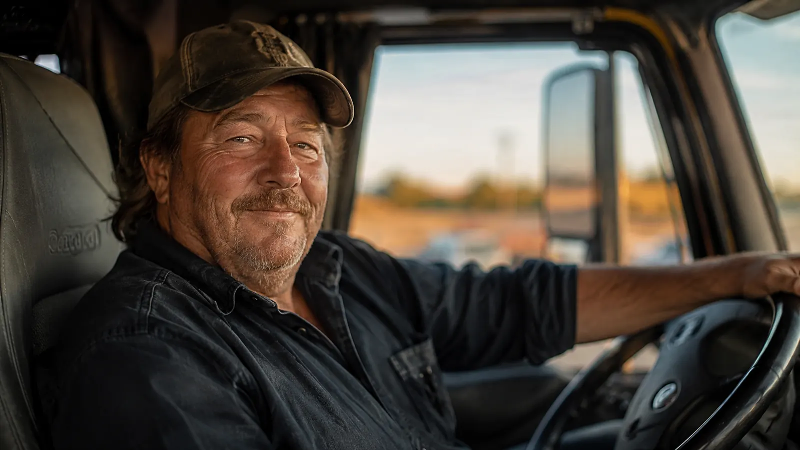 Trucker sitting comfortably in cab after a long driving day, relaxed posture, late afternoon light