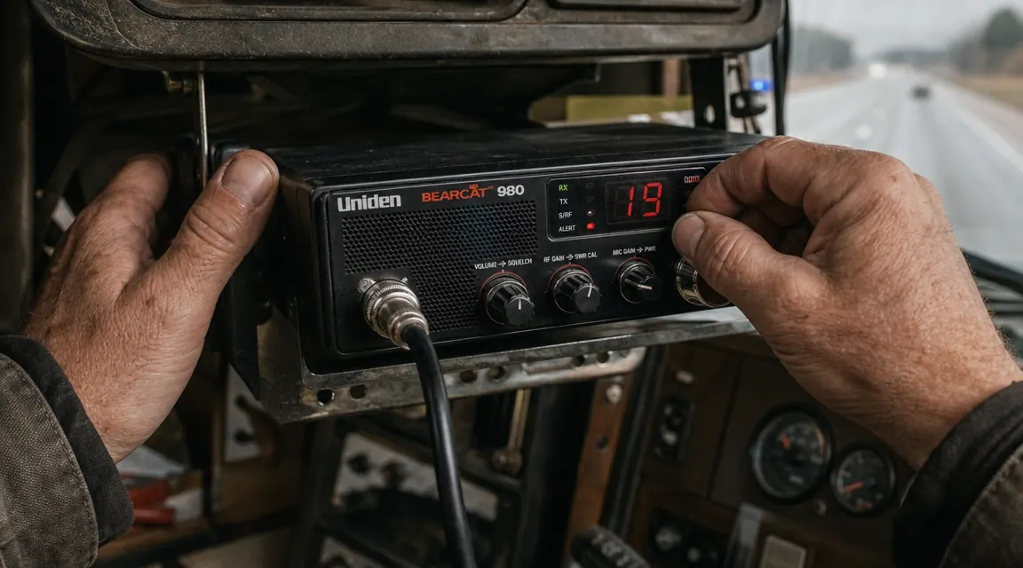 Driver's hand adjusting the squelch knob on the Uniden BEARCAT 980 CB radio mounted in cab