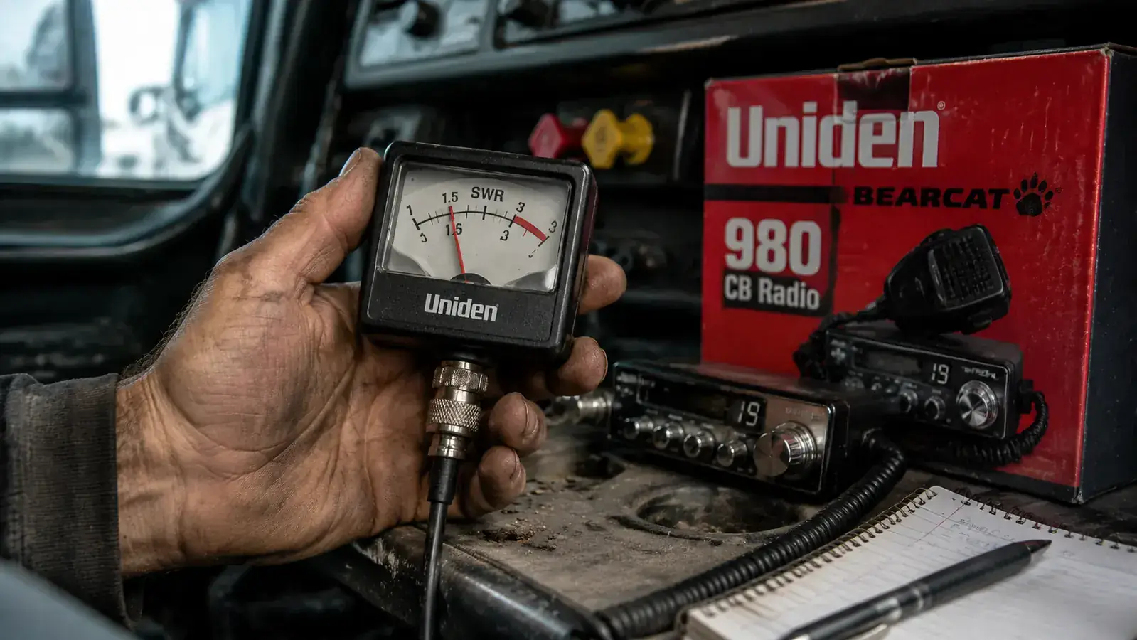 SWR meter connected to a CB antenna cable showing a tuning reading between 1.5 and 2.0