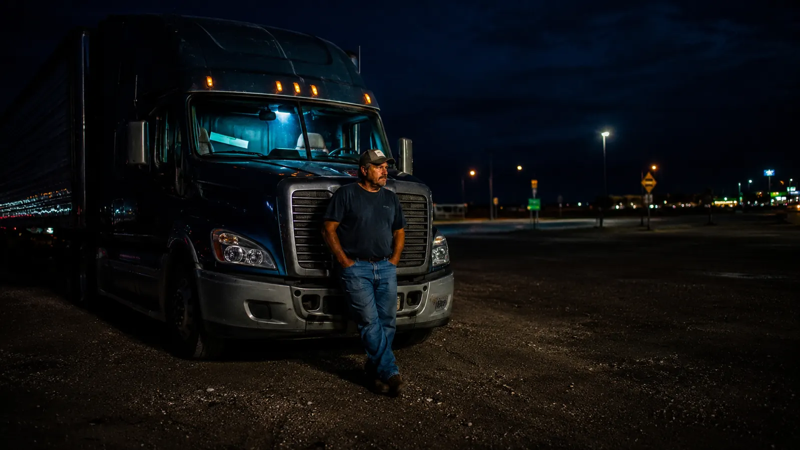 Semi truck parked at a rest area at night, interior dashboard light glowing through windshield