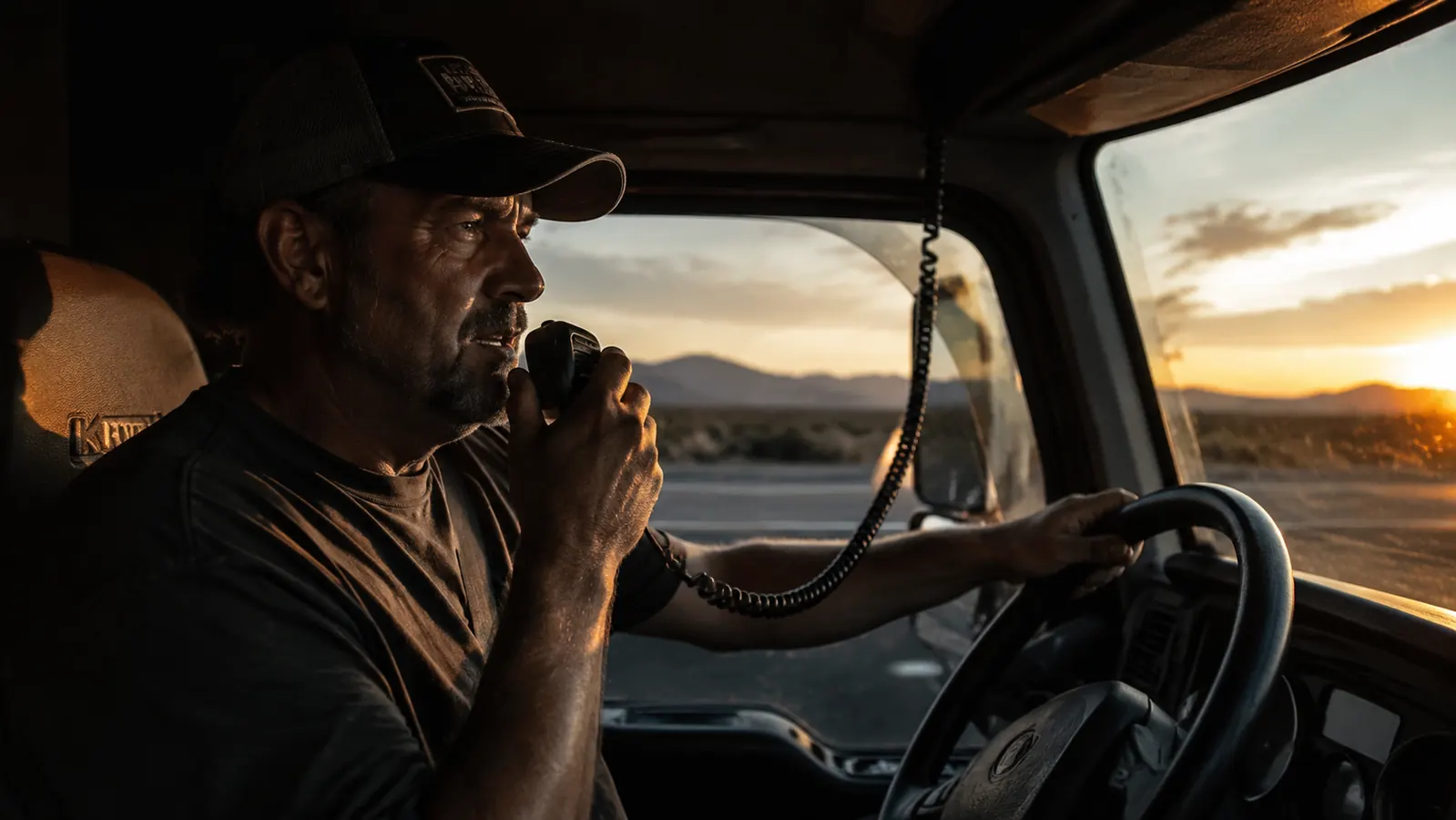 Trucker talking on a CB mic on a rural interstate at dusk, mountains visible in the distance