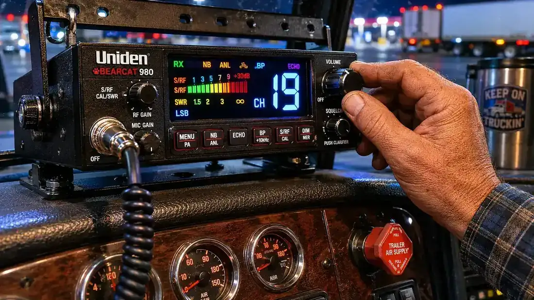 Uniden BEARCAT 980 SSB CB radio mounted in a semi truck cab with backlit display showing channel 19