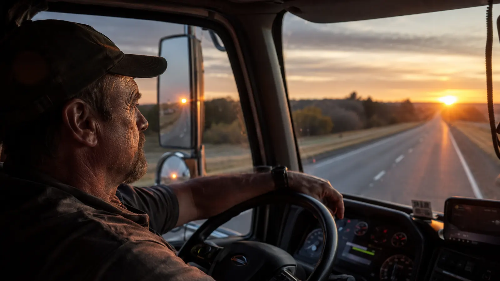 Open road through rural Tennessee at sunrise, empty two-lane interstate, trucker's perspective from cab